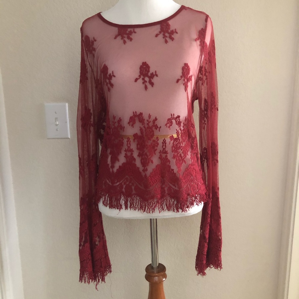 Red Mesh Rose Embroidered Top with Bell-sleeves